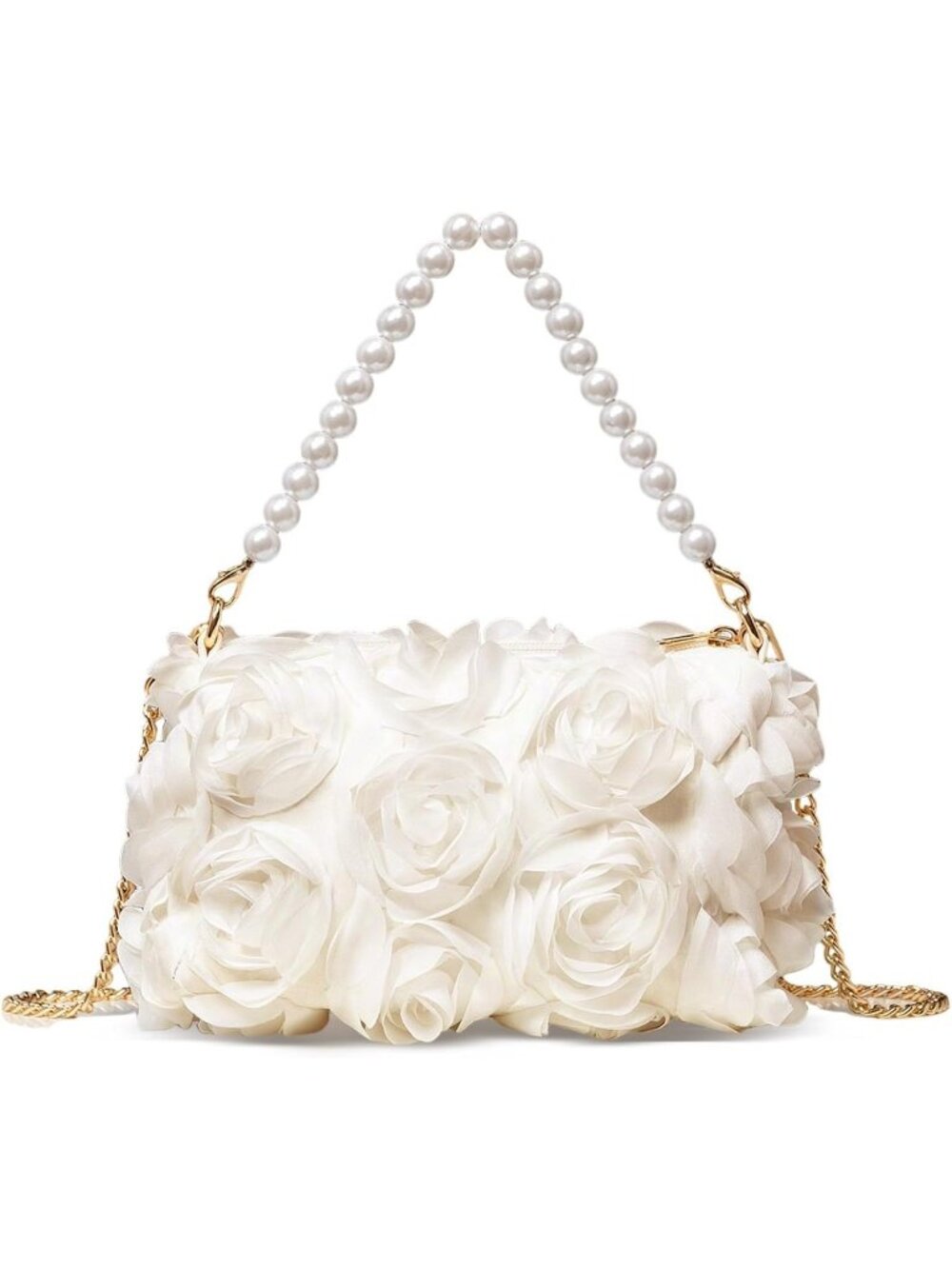 〽️Women's Beige Chiffon 3D Floral Pearl Beaded Top Handle Evening Clutch Bags